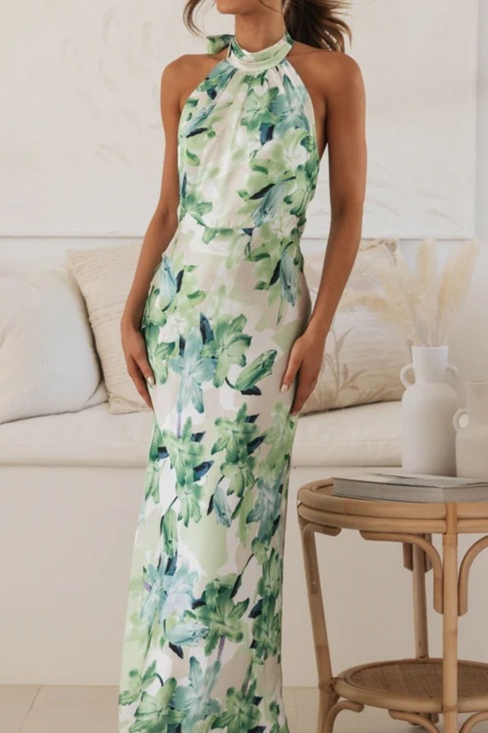 Floral Print Halter Neck Maxi Dress-Nordavory