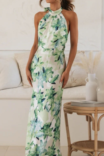 Floral Print Halter Neck Maxi Dress-Nordavory