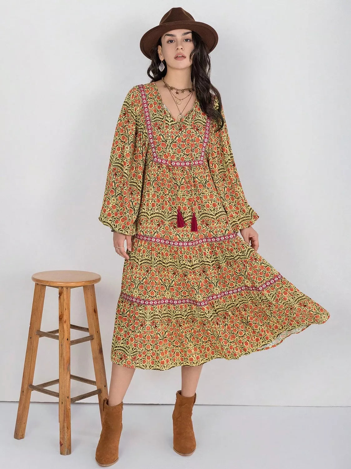 Floral Tiered Midi Dress with Balloon Sleeves-Nordavory