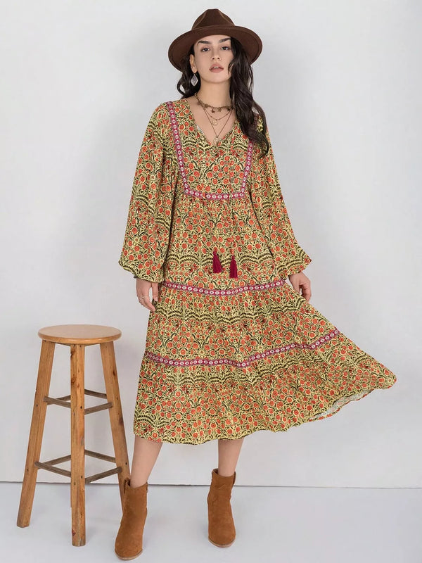 Floral Tiered Midi Dress with Balloon Sleeves-Nordavory