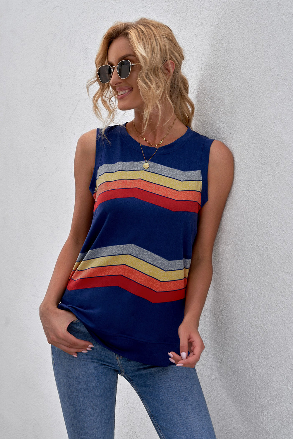 Printed Side Slit Round Neck Tank-Nordavory