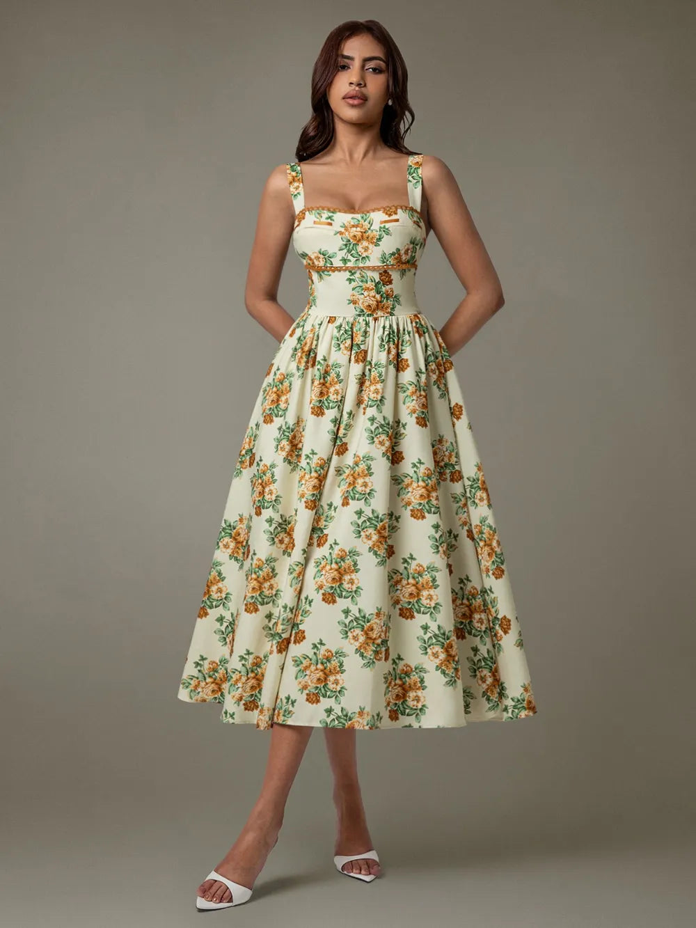 Lace Trim Floral Sleeveless Midi Dress-Nordavory