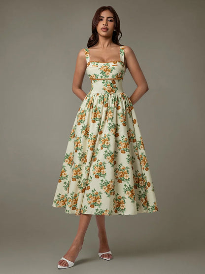 Lace Trim Floral Sleeveless Midi Dress-Nordavory