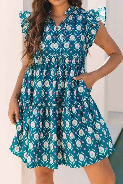 Printed Tie Neck Ruffled Cap Sleeve Dress-Nordavory
