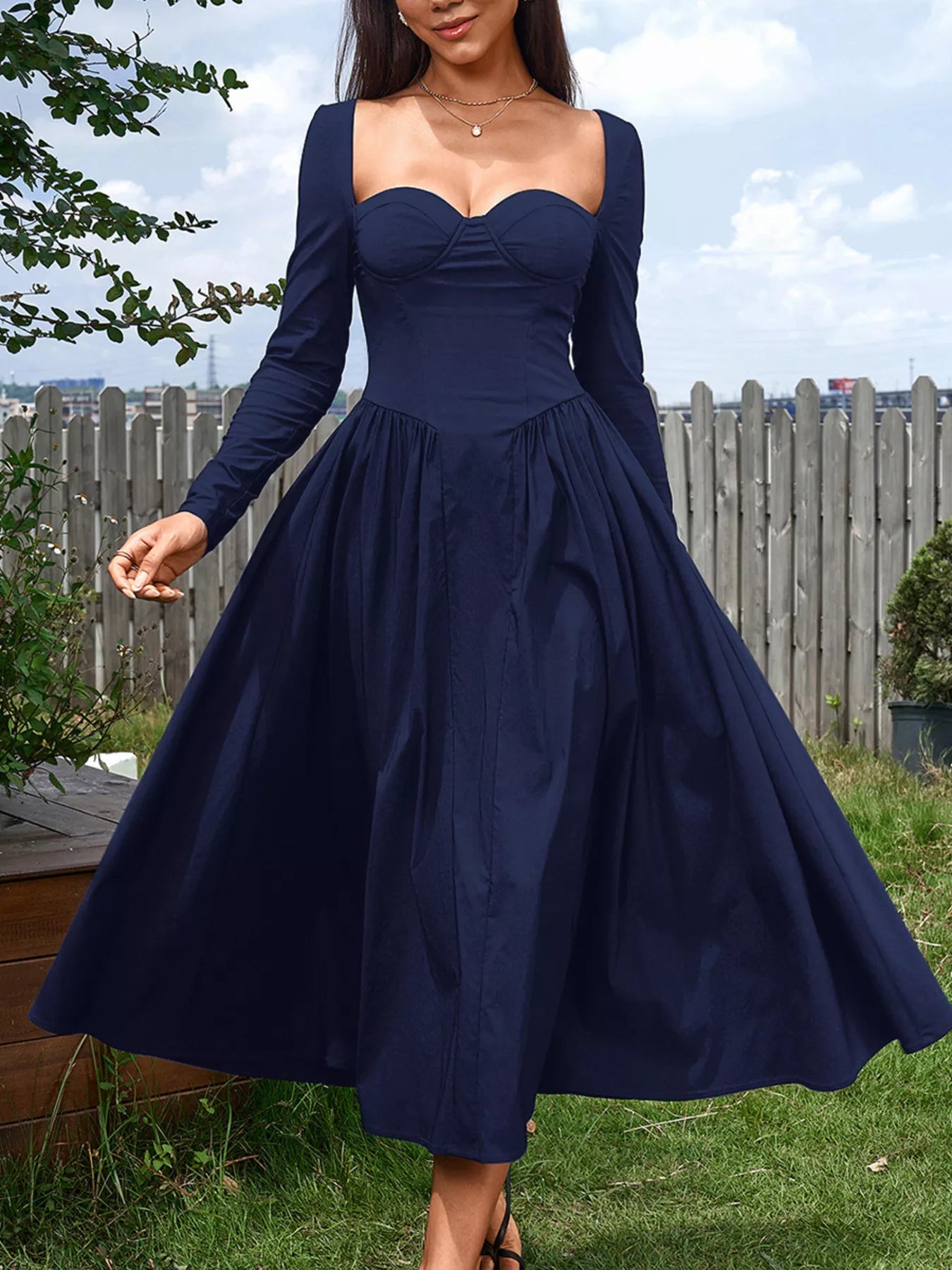 Sweetheart Neckline Long Sleeve A-Line Midi Dress-Nordavory