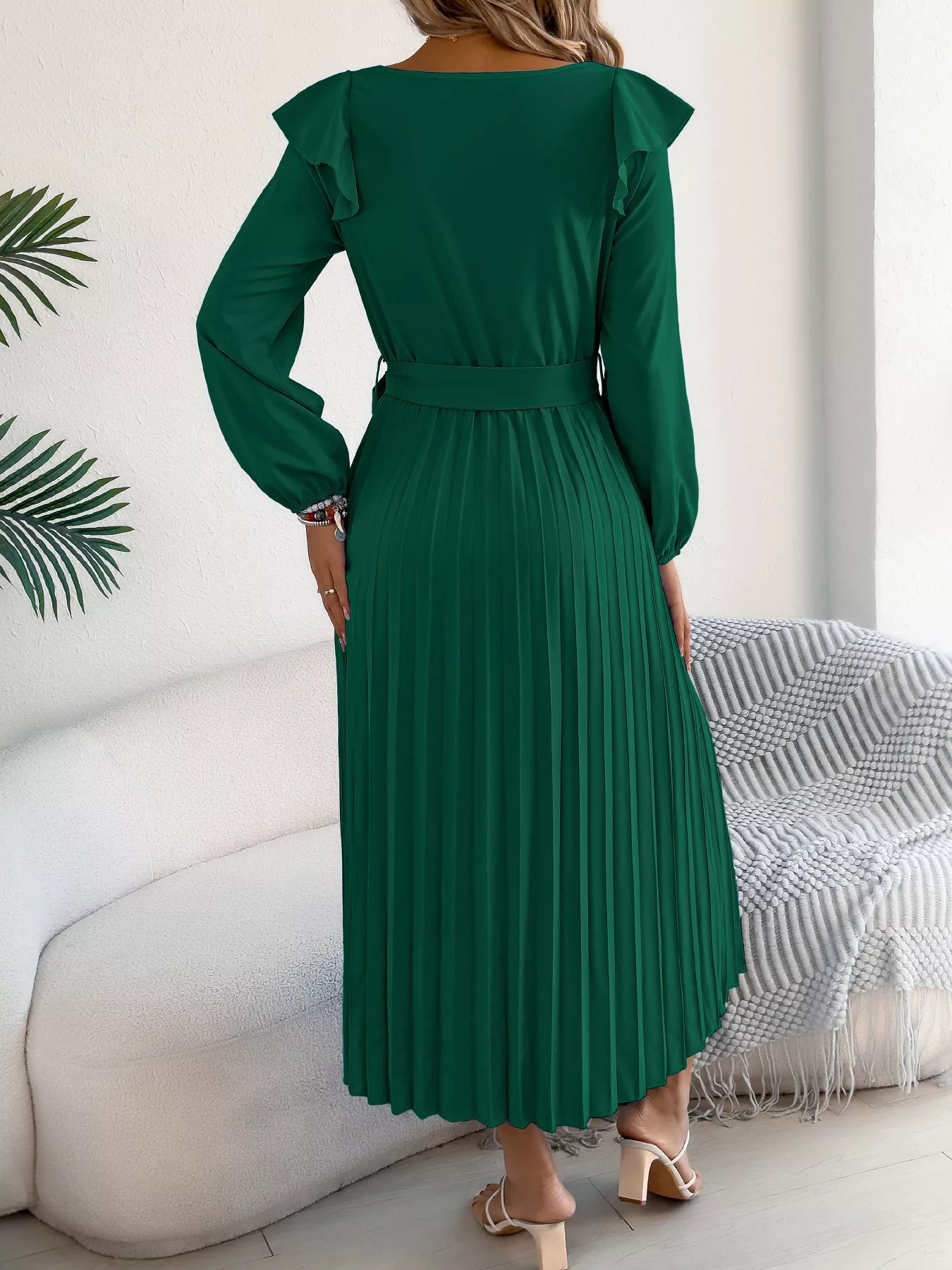 Ruffle Trim Pleated A-Line Midi Dress-Nordavory