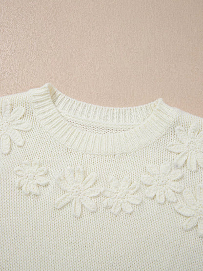 Flower Detail Round Neck Contrast Textured Puff Sleeve Sweater-Nordavory