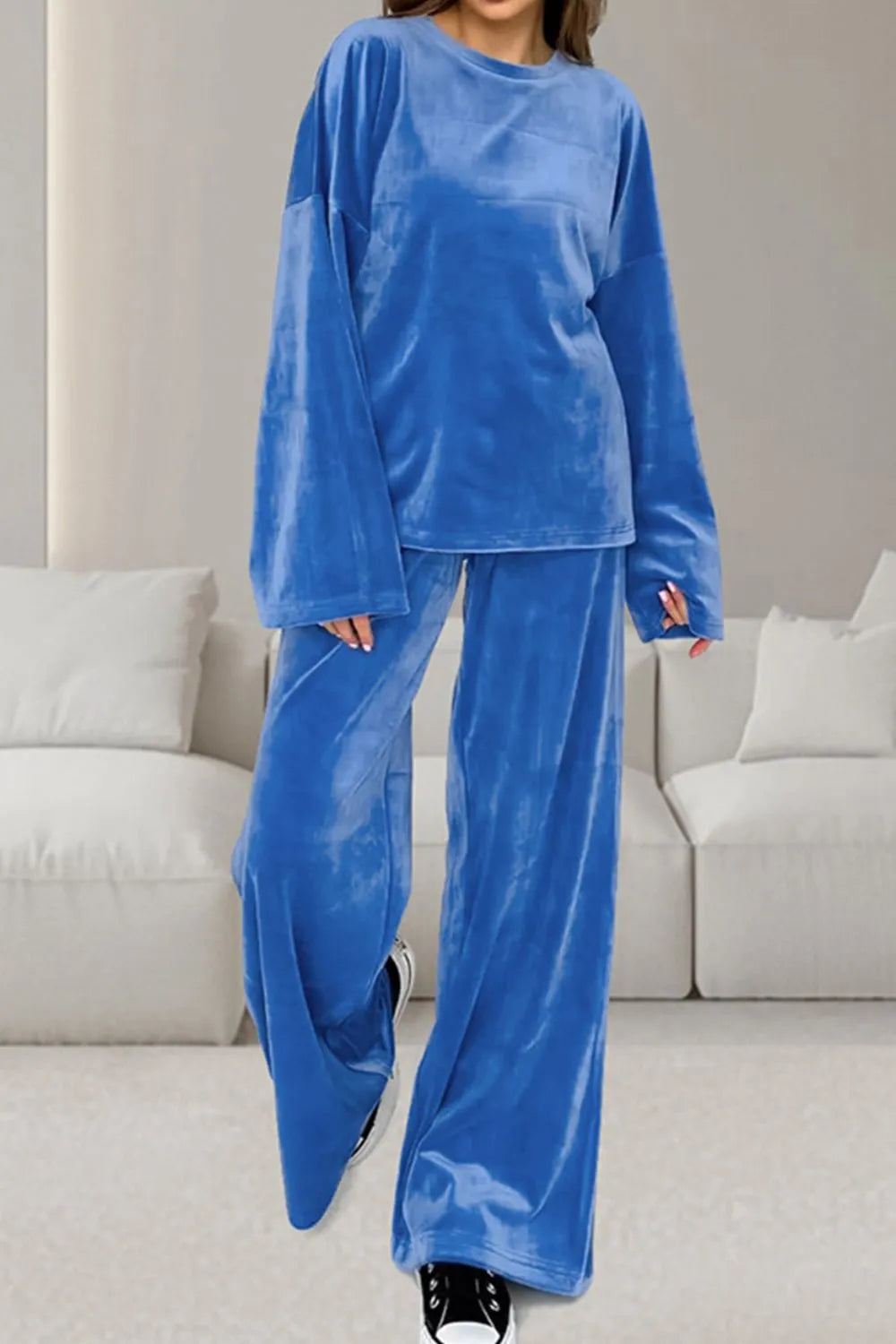 Buttery-Soft Round Neck Long Sleeve Top and Drawstring Pants Set-Nordavory