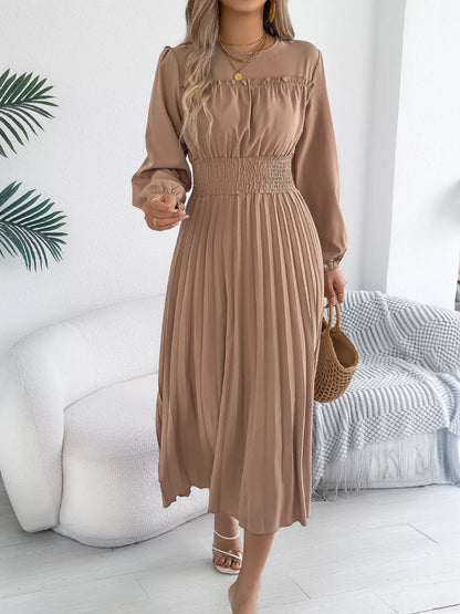 Smocked Pleated Long Sleeve Midi Dress-Nordavory