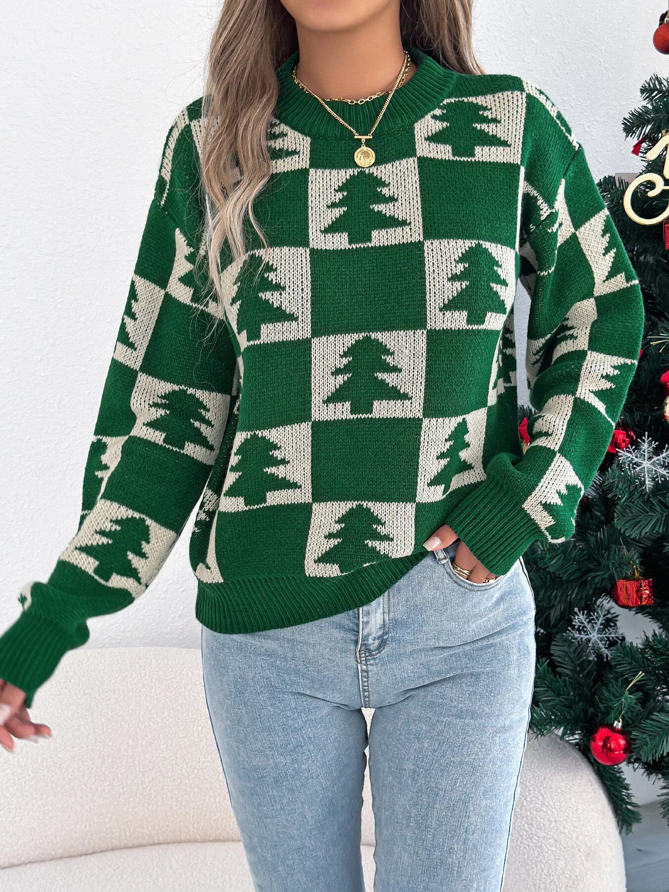 Christmas Tree Checkerboard Pattern Sweater-Nordavory