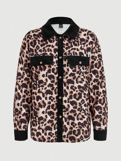 Leopard Collared Neck Button Up Shacket-Nordavory