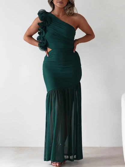 One-Shoulder Ruffle Trim Maxi Dress-Nordavory