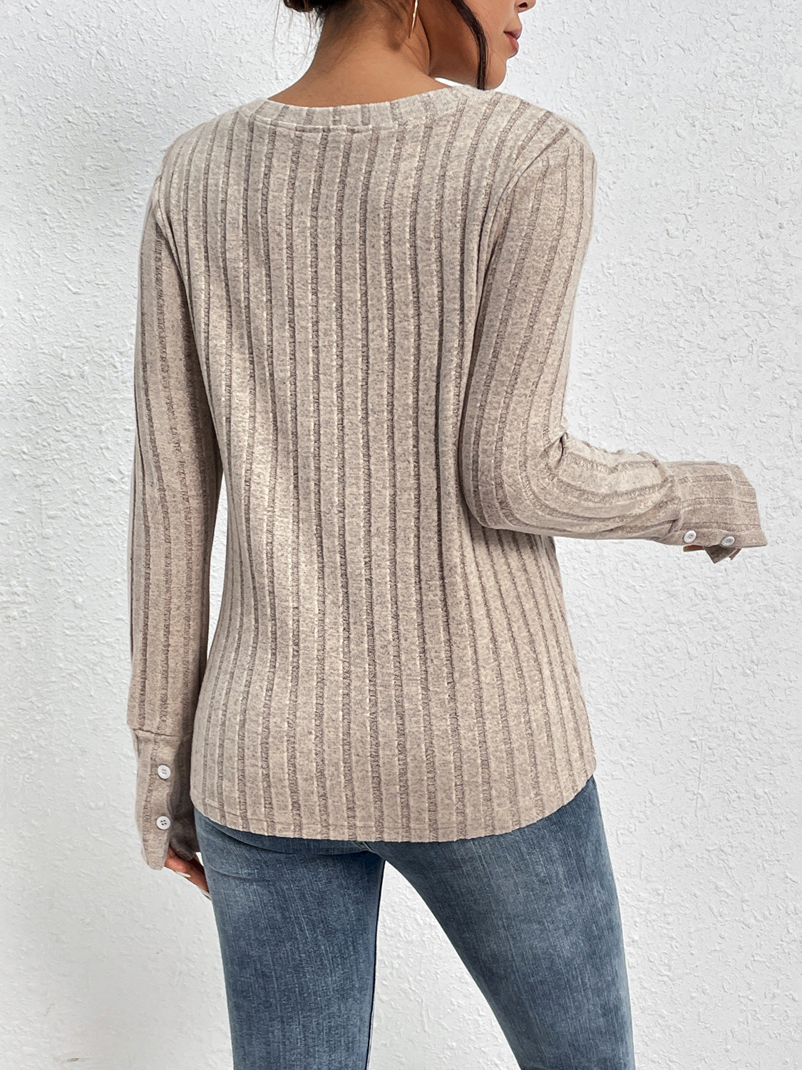 Perfee Lace Detail Ribbed V-Neck Long Sleeve Top-Nordavory
