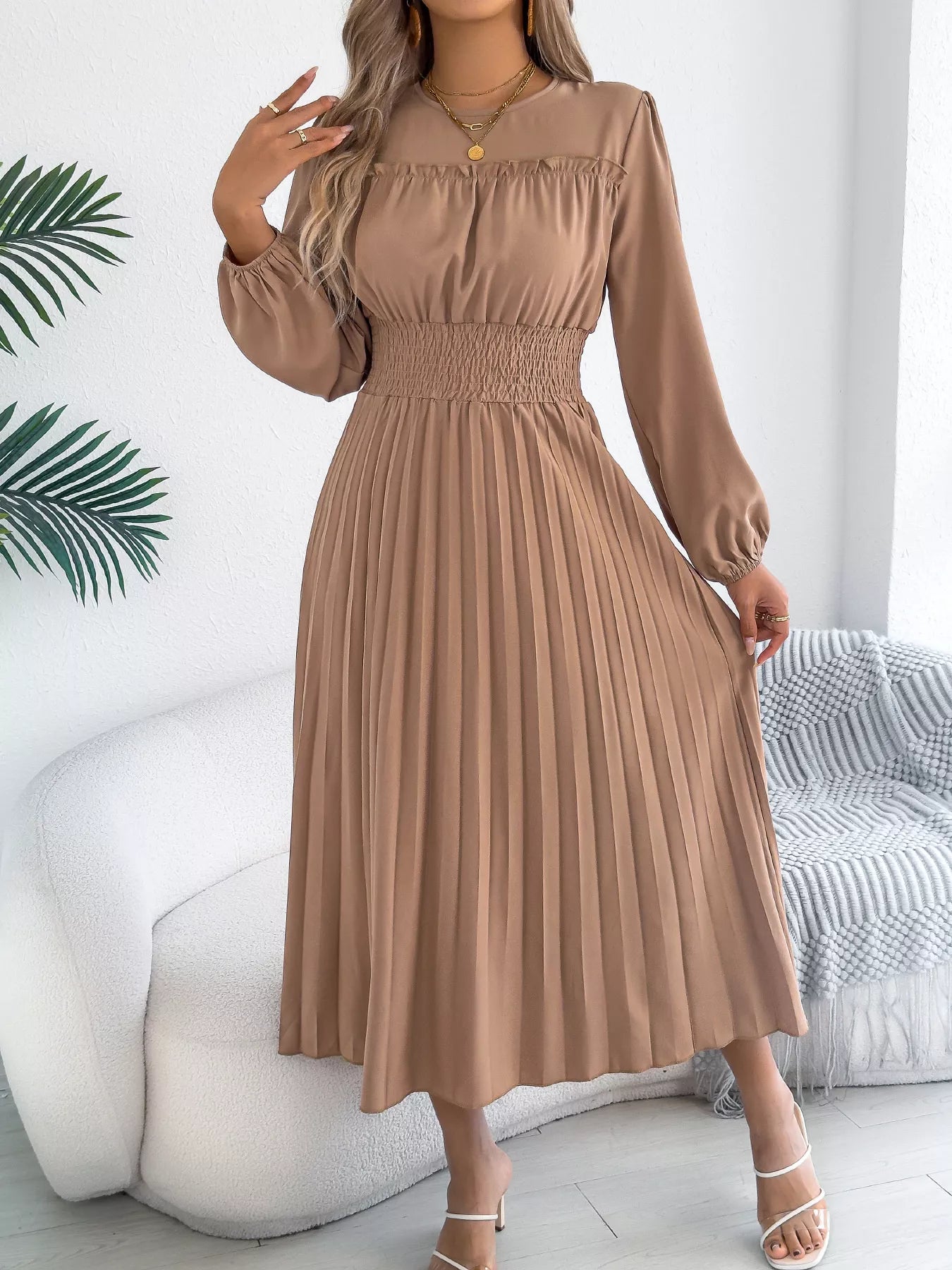 Smocked Pleated Long Sleeve Midi Dress-Nordavory
