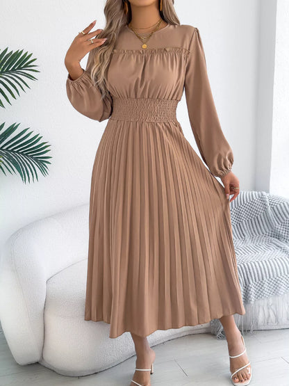 Smocked Pleated Long Sleeve Midi Dress-Nordavory