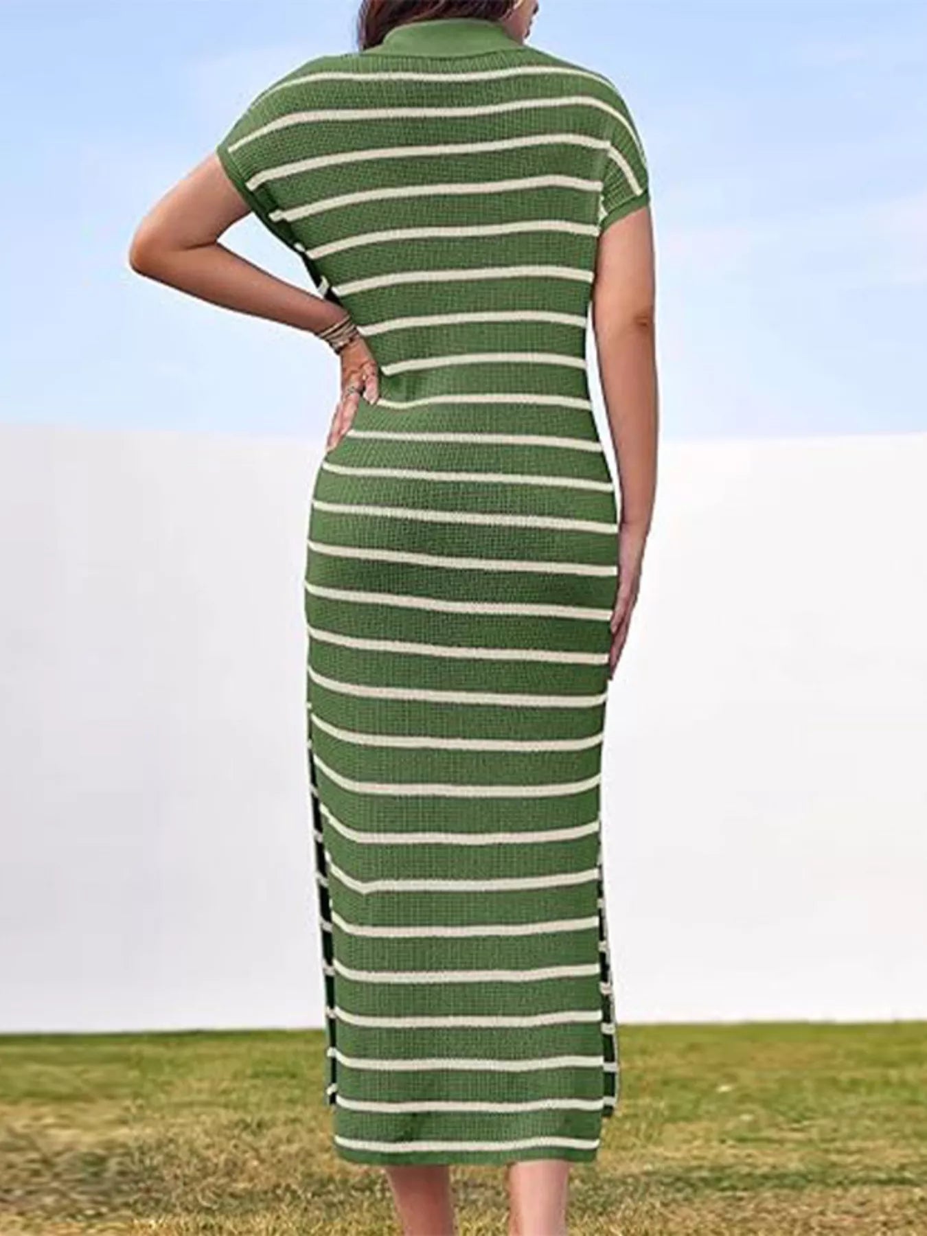 Striped Knit Slit Short Sleeve Midi Dress-Nordavory