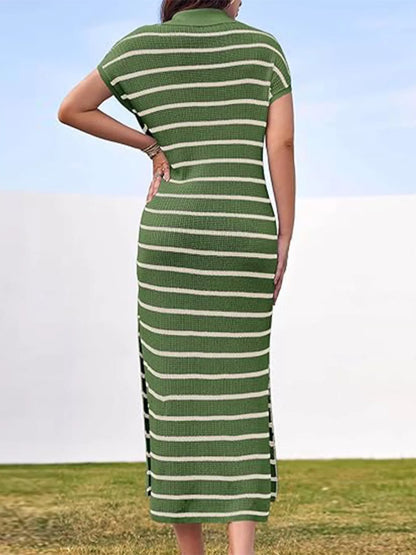 Striped Knit Slit Short Sleeve Midi Dress-Nordavory