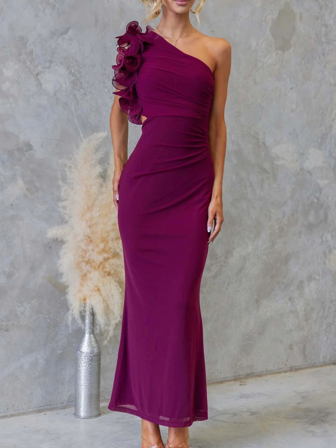 One-Shoulder Floral Trim Sleeveless Maxi Dress-Nordavory