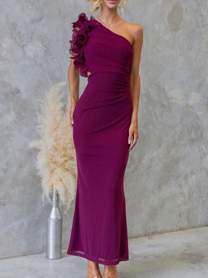 One-Shoulder Floral Trim Sleeveless Maxi Dress-Nordavory