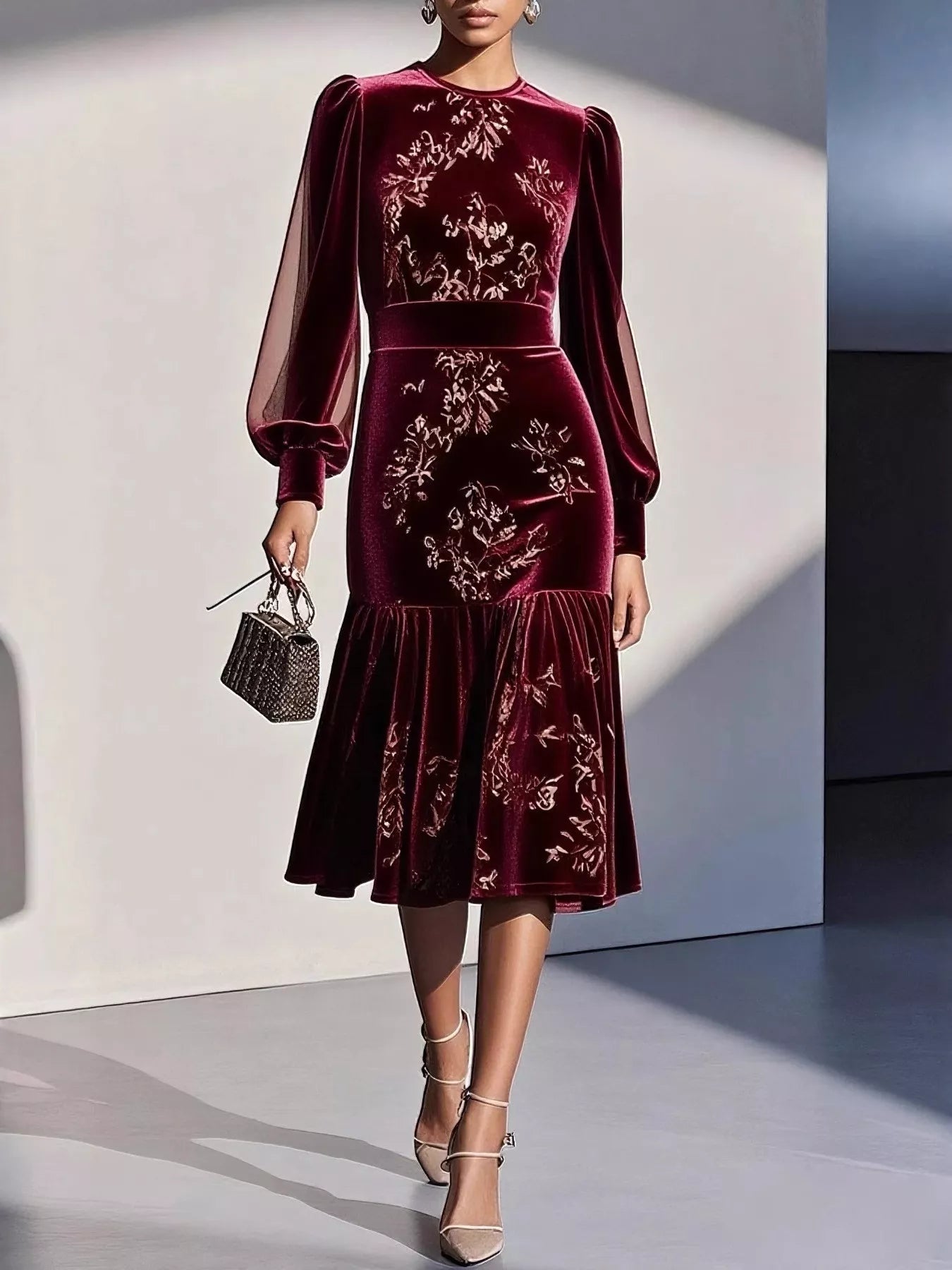 Velvet Floral Lantern Sleeve Midi Dress-Nordavory
