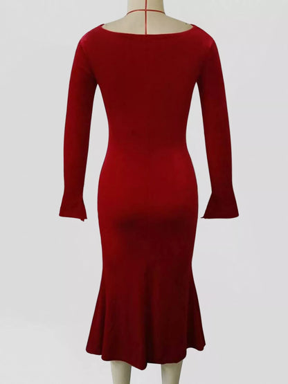Velvet Cowl Neck Long Sleeve Midi Dress-Nordavory