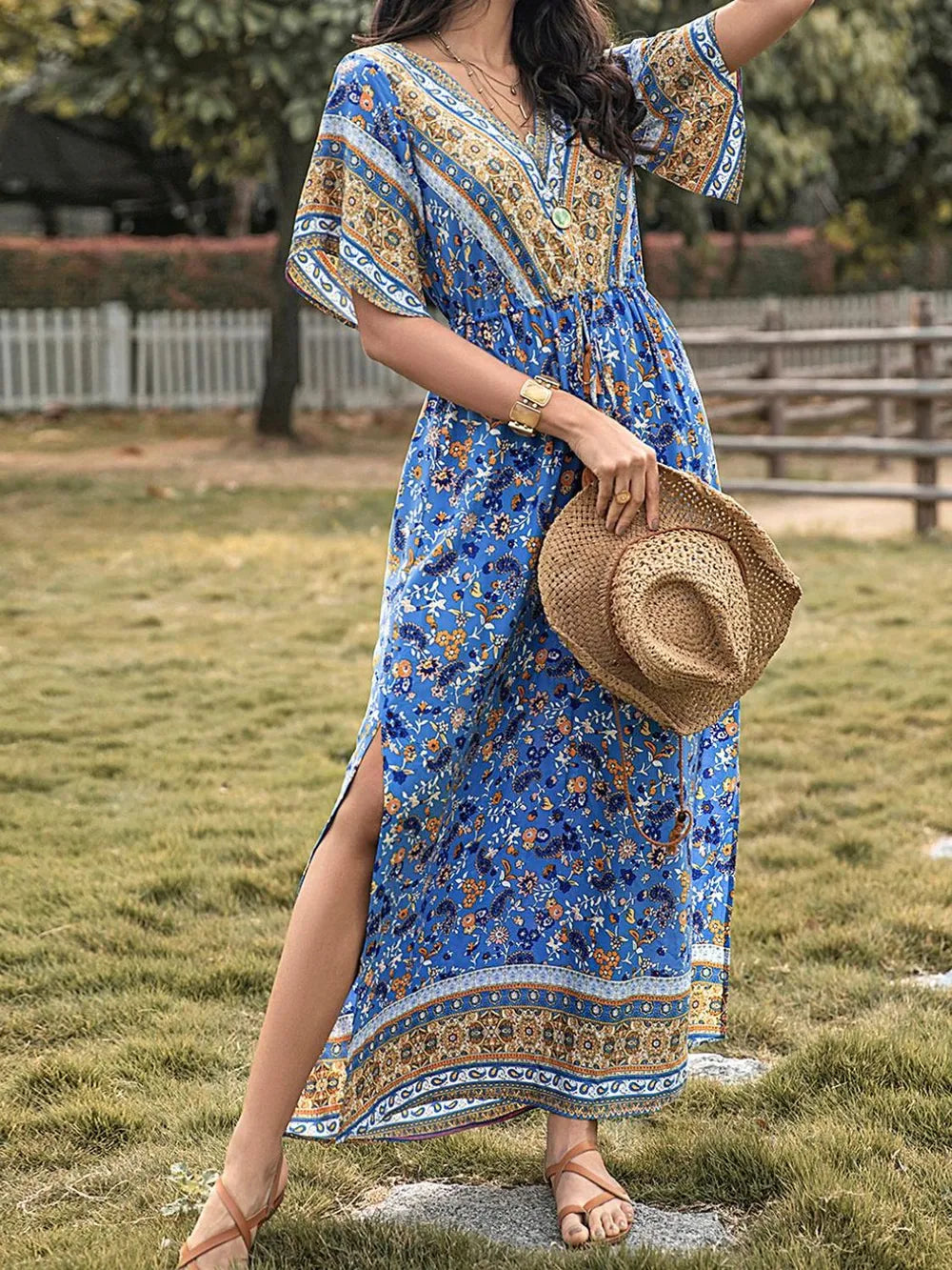 Slit Printed V-Neck Half Sleeve Maxi Dress-Nordavory