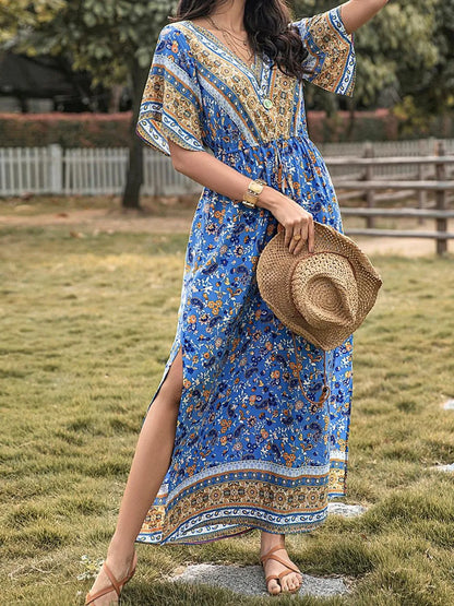 Slit Printed V-Neck Half Sleeve Maxi Dress-Nordavory