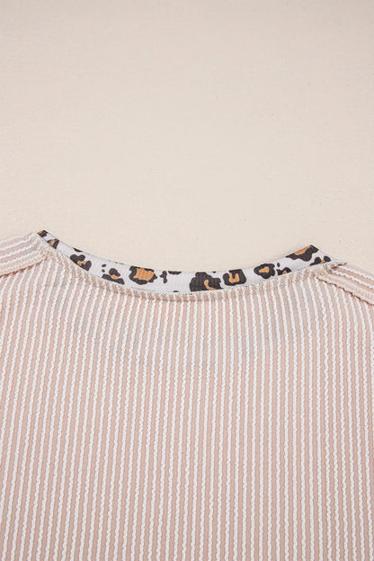 Leopard Trim Round Neck Ribbed T-Shirt-Nordavory
