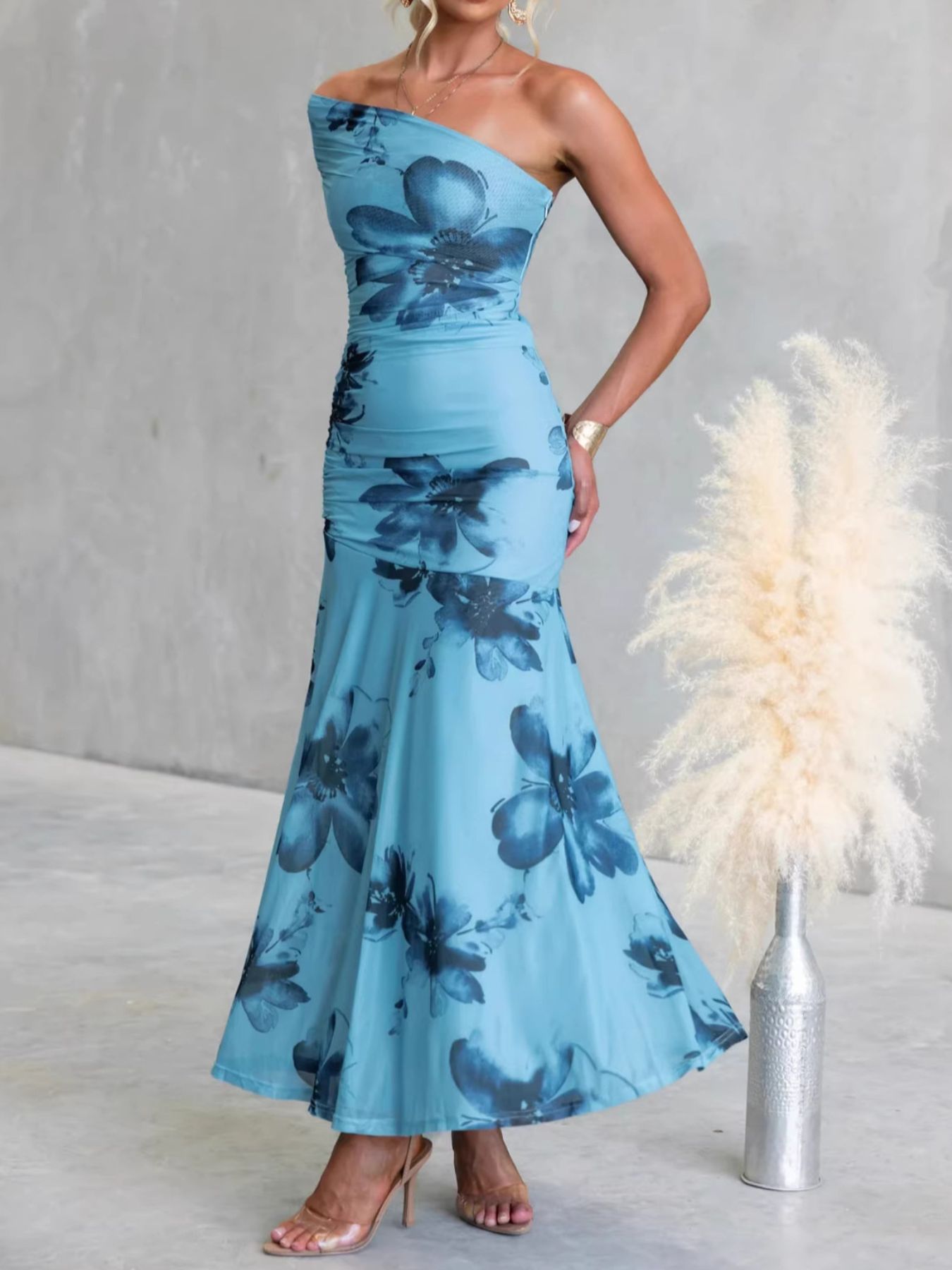 Floral Print One-Shoulder Ruched Maxi Dress-Nordavory