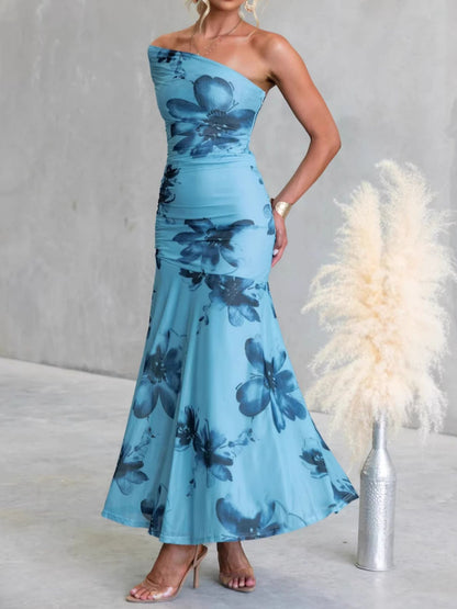 Floral Print One-Shoulder Ruched Maxi Dress-Nordavory