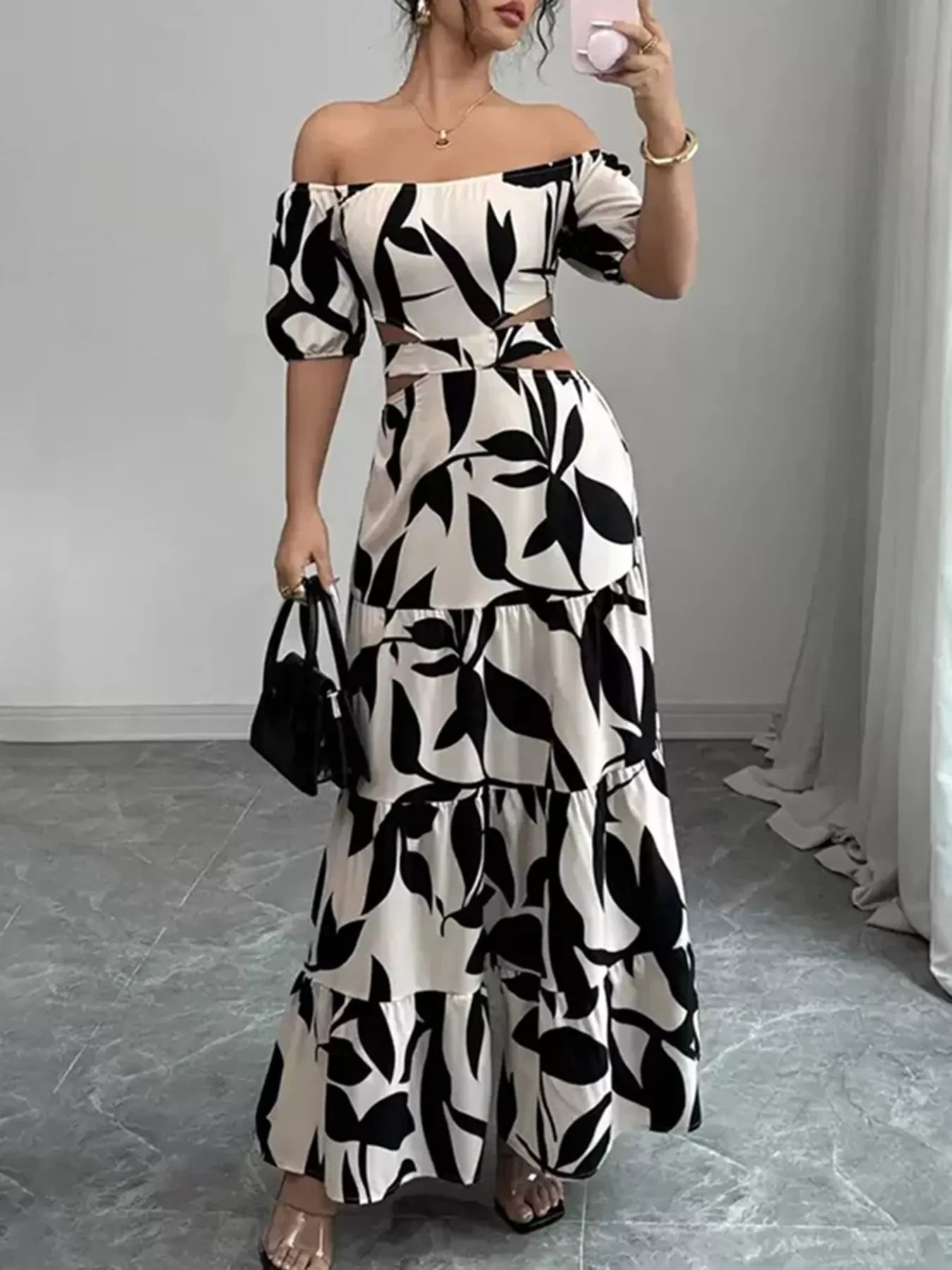 Off-Shoulder Cutout Leaf Print Maxi Dress-Nordavory