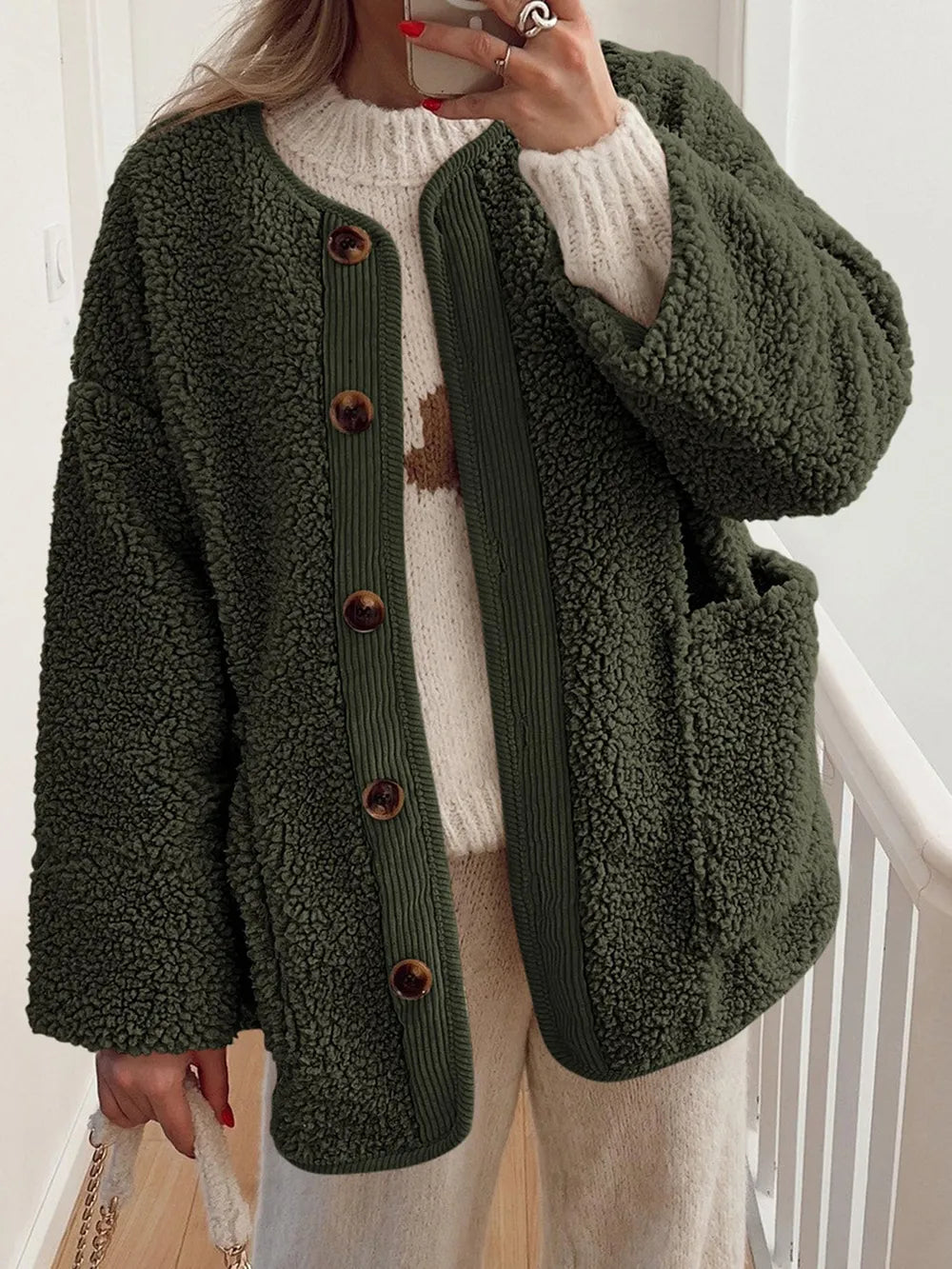 Contrast Button Up Sherpa Jacket with Pockets-Nordavory