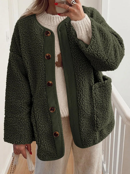 Contrast Button Up Sherpa Jacket with Pockets-Nordavory