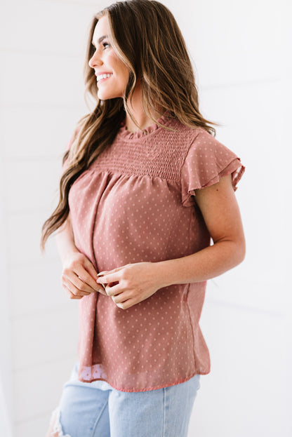 Polka Dot Smocked Flutter Sleeve Blouse-Nordavory
