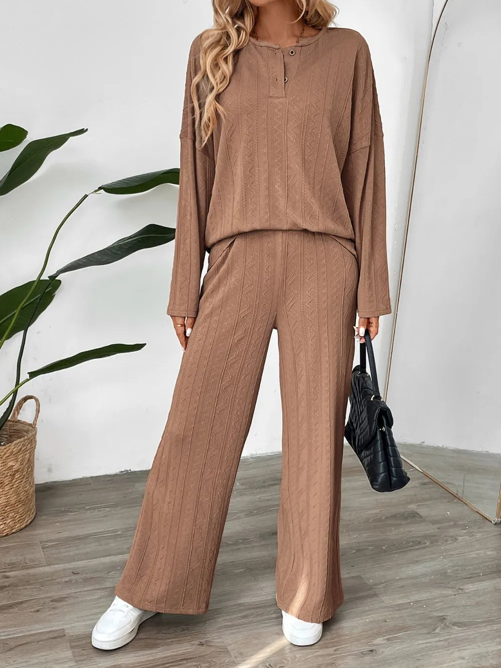 Perfee Quarter Button Long Sleeve Top and Pants Set-Nordavory
