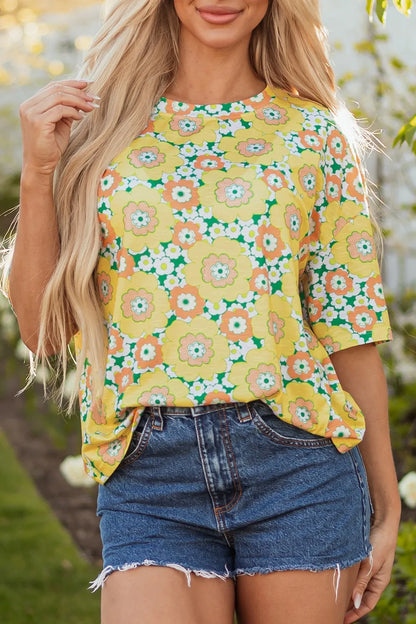 Floral Print Round Neck Oversized T-Shirt-Nordavory