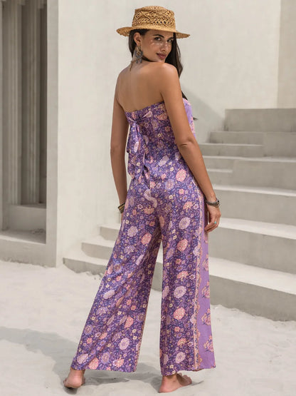 Tied Printed Tube Wide Leg Jumpsuit-Nordavory