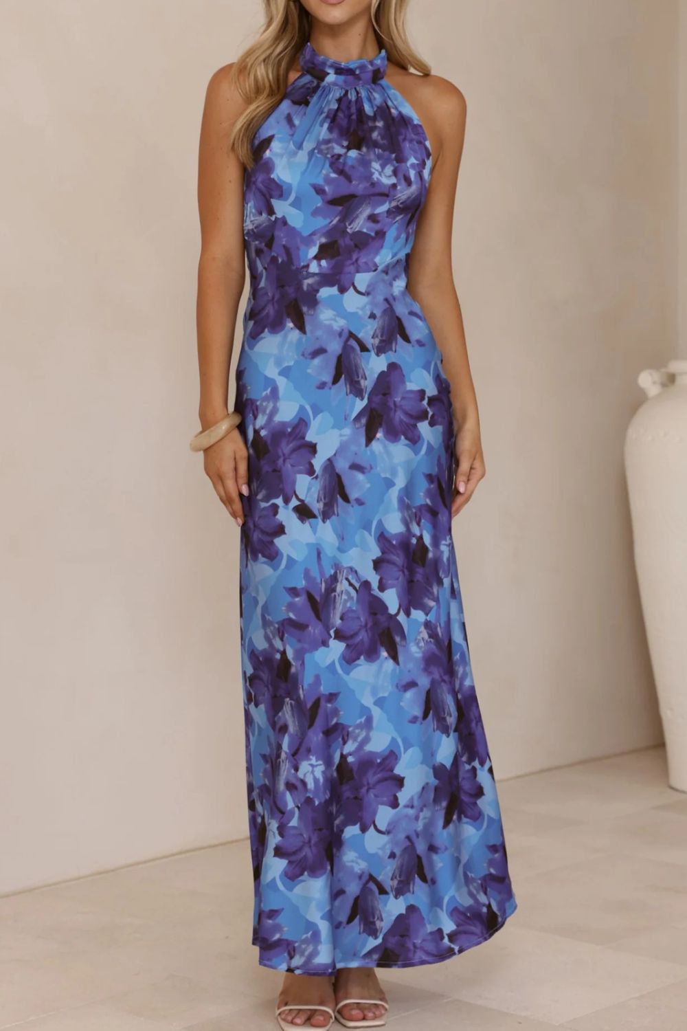 Floral Print Halter Neck Maxi Dress-Nordavory