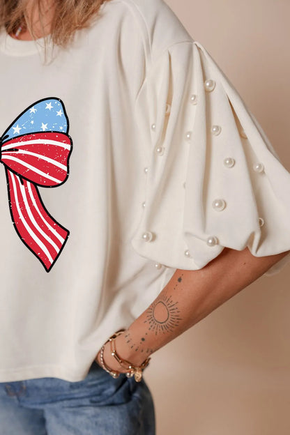 Bowknot Graphic Pearl Puff Half Sleeve T Shirt-Nordavory