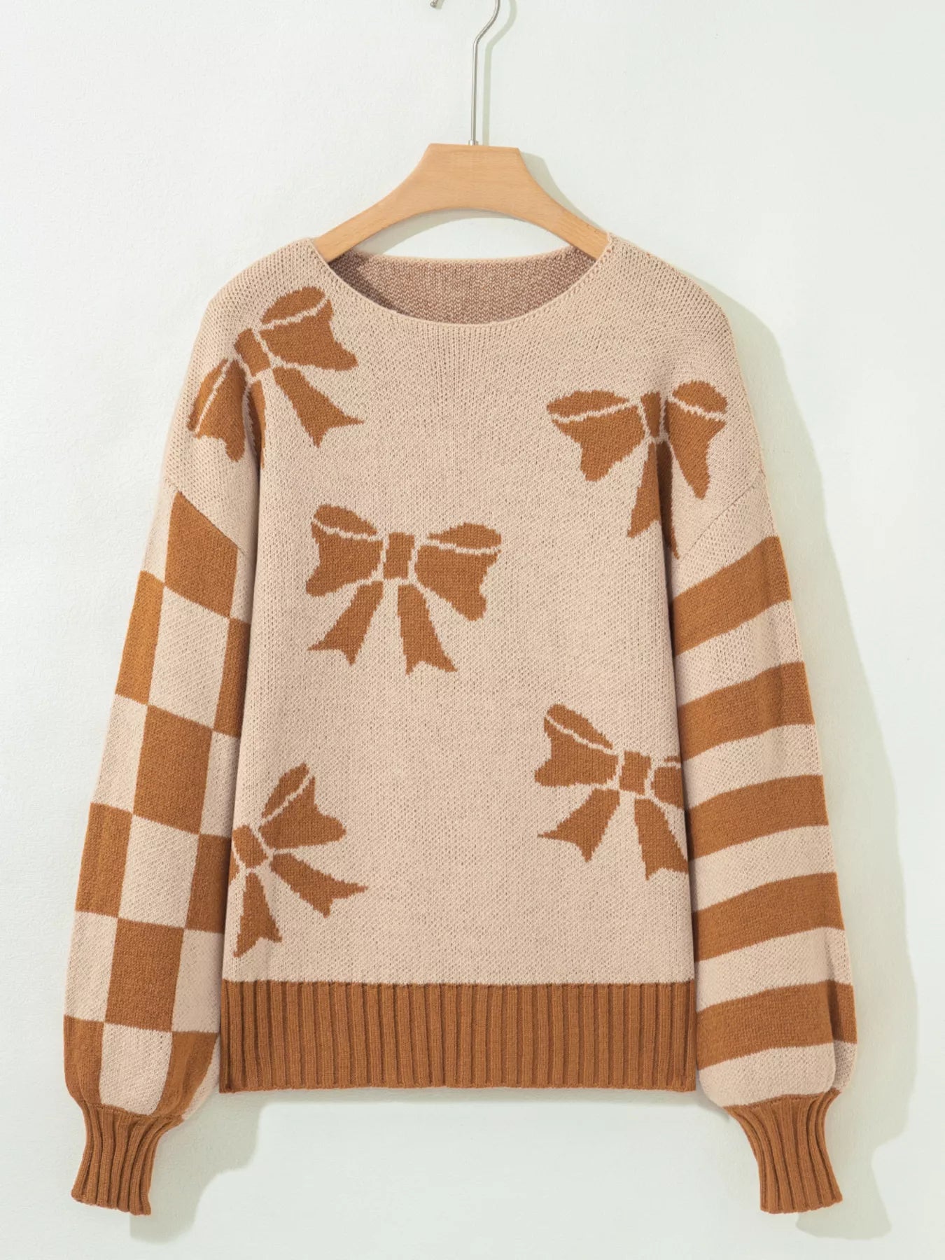 Ribbon Bow Checkered Striped Sleeve Drop Shoulder Sweater-Nordavory