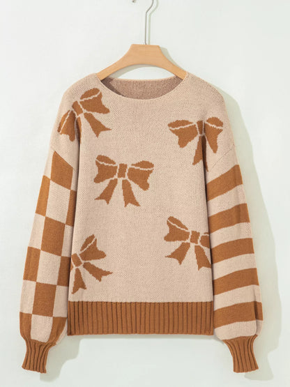 Ribbon Bow Checkered Striped Sleeve Drop Shoulder Sweater-Nordavory