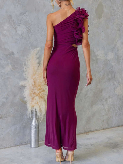 One-Shoulder Floral Trim Sleeveless Maxi Dress-Nordavory