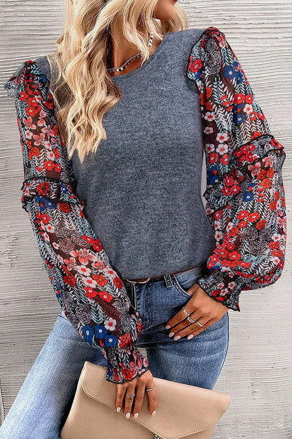 Heathered Floral Frill Lantern Sleeve Blouse-Nordavory