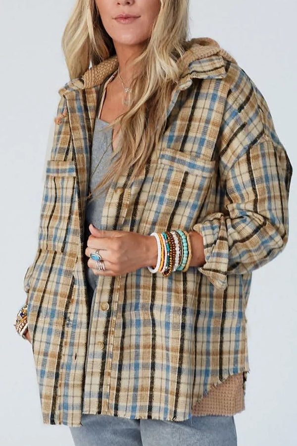 Drawstring Waffle Knit Patchwork Hooded Plaid Shacket-Nordavory
