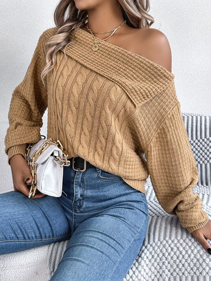 Off-Shoulder Cable Knit Sweater-Nordavory