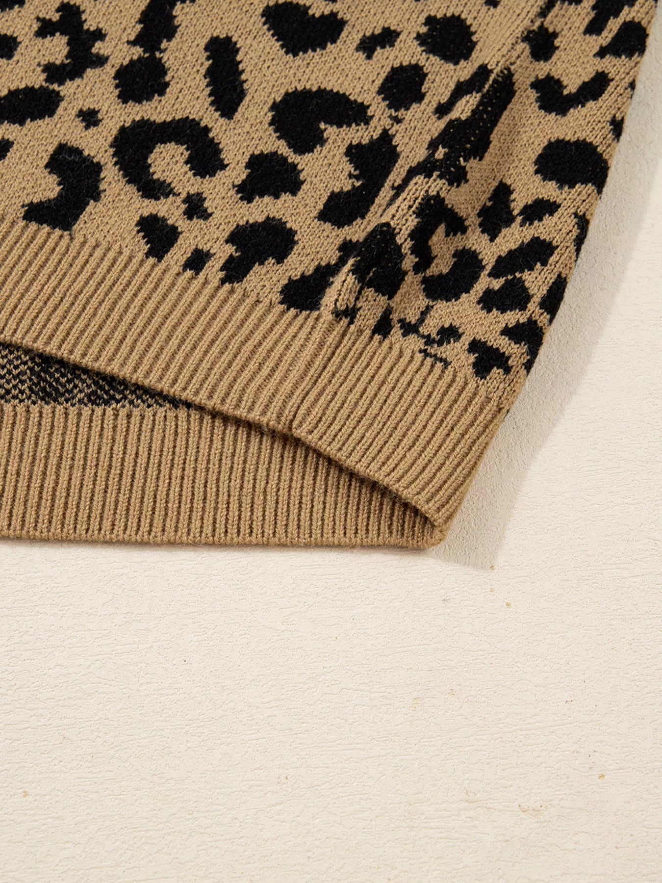 Ribbed Trim Round Neck Leopard Drop Shoulder Sweater-Nordavory
