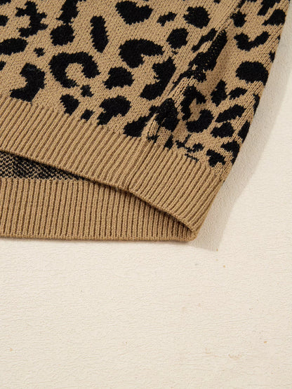 Ribbed Trim Round Neck Leopard Drop Shoulder Sweater-Nordavory