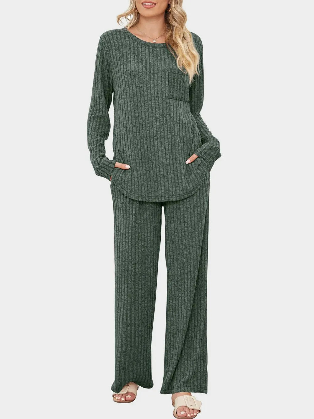 Round Neck Long Sleeve Top and Pants Set-Nordavory