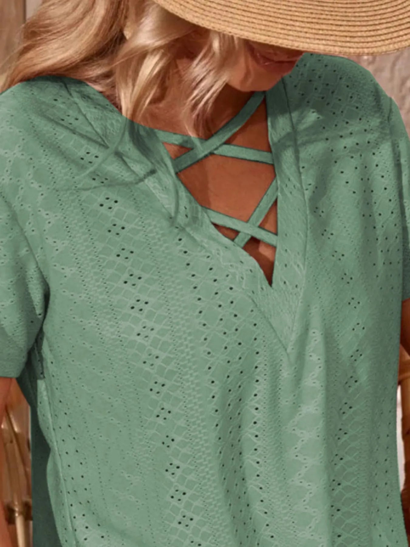 Eyelet Crisscross Short Sleeve T-Shirt-Nordavory