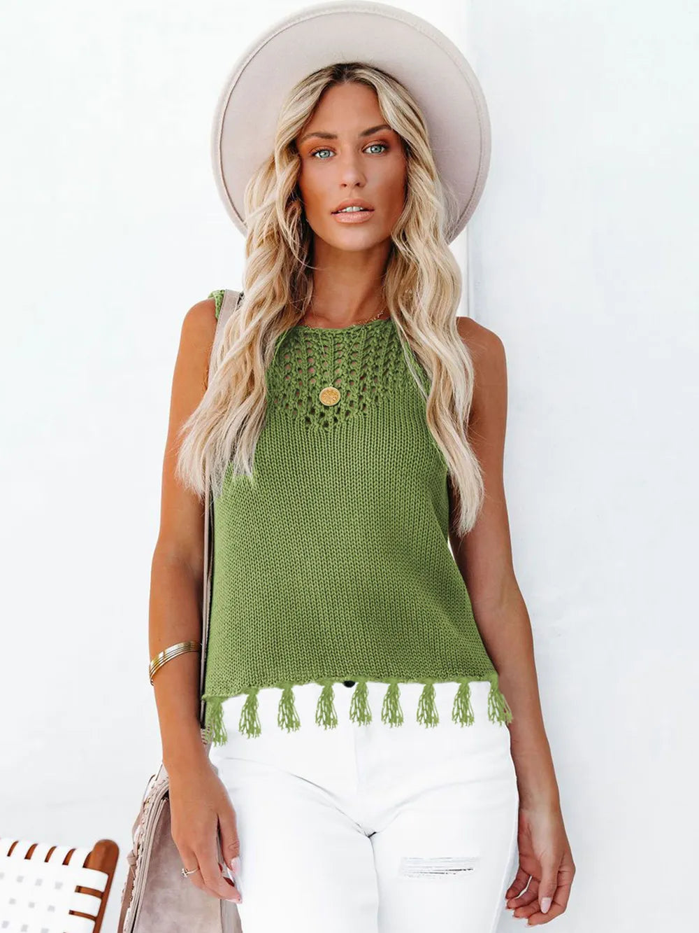 Cutout Tassel Round Neck Tank-Nordavory